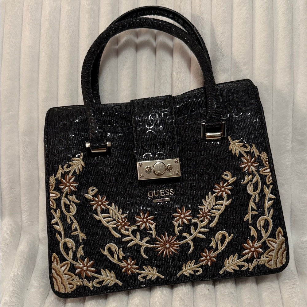 GUESS Black and Tan Embroidered Satchel